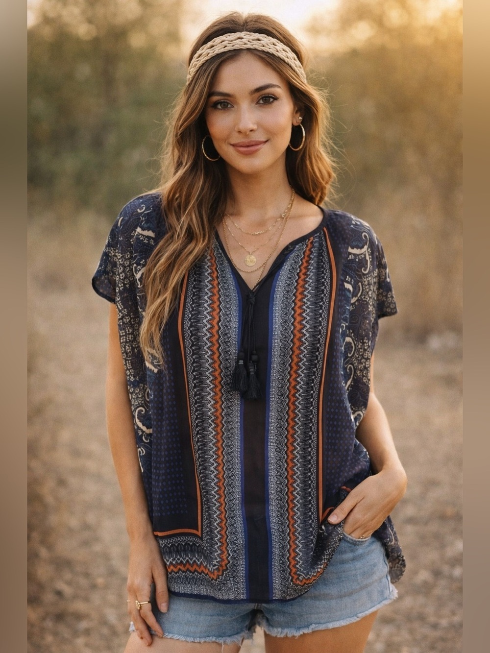 Hannah Short Sleeve Sheer Abstract Blouse Sz M Boho Y2K Tassels V Neck Peasant